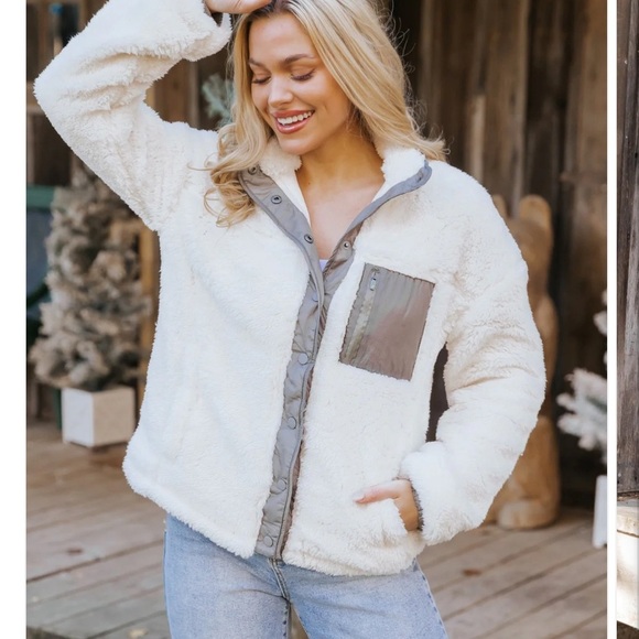 NWT Thread & Supply Kimble Ivory Sherpa teddy button jacket M - Picture 2 of 9